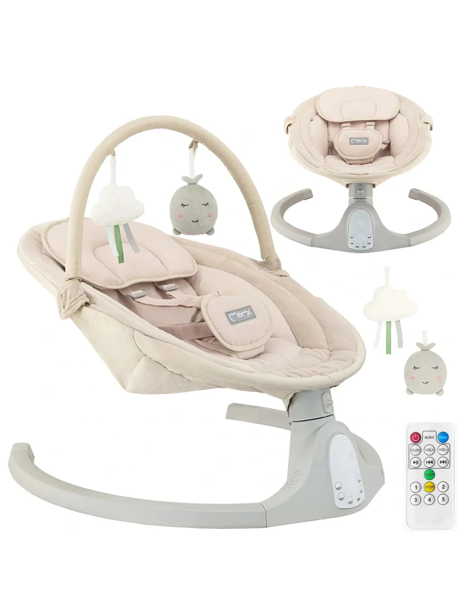 MoMi Kenani Baby Swing – Sand | Electric Rocker with Sounds (0–9kg)