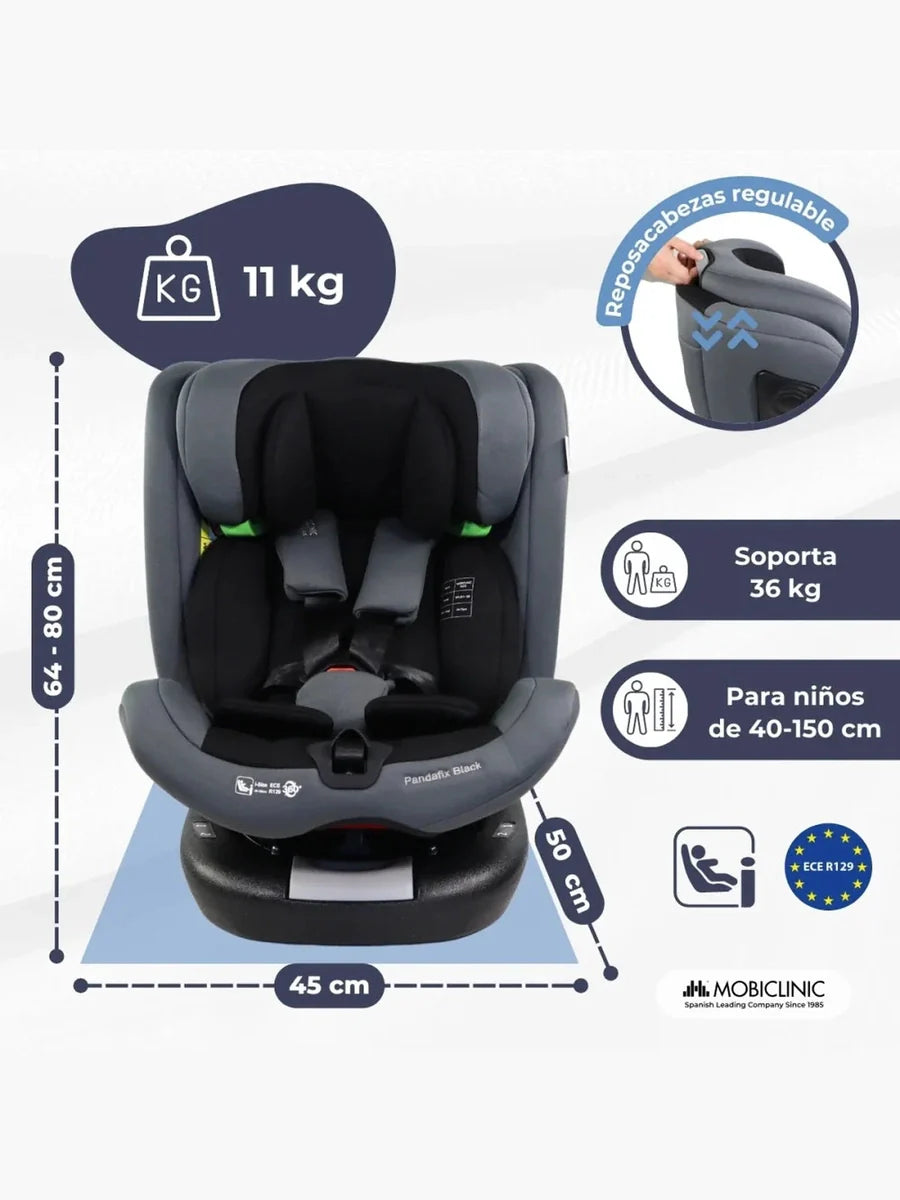 Mobiclinic Pandafix Car Seat – 360° Rotating, i-Size, Isofix, 0–12 Years (0–36 kg, 40–150 cm)- Black
